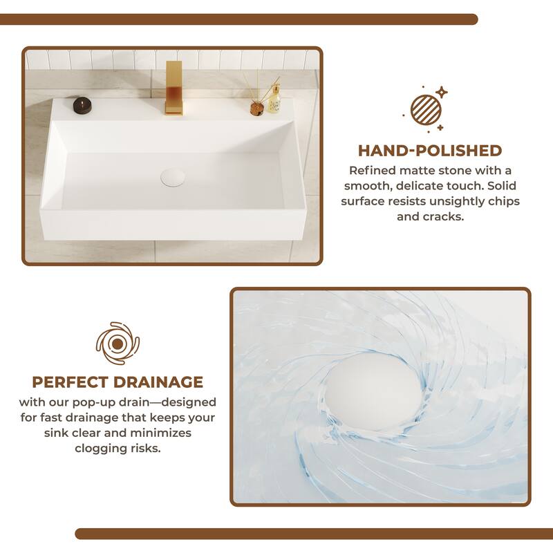 Solid Surface Wall-Mounted Rectangular Bathroom Sink with Pop-Up Drain, Modern Floating Wash Basin with Center Drain