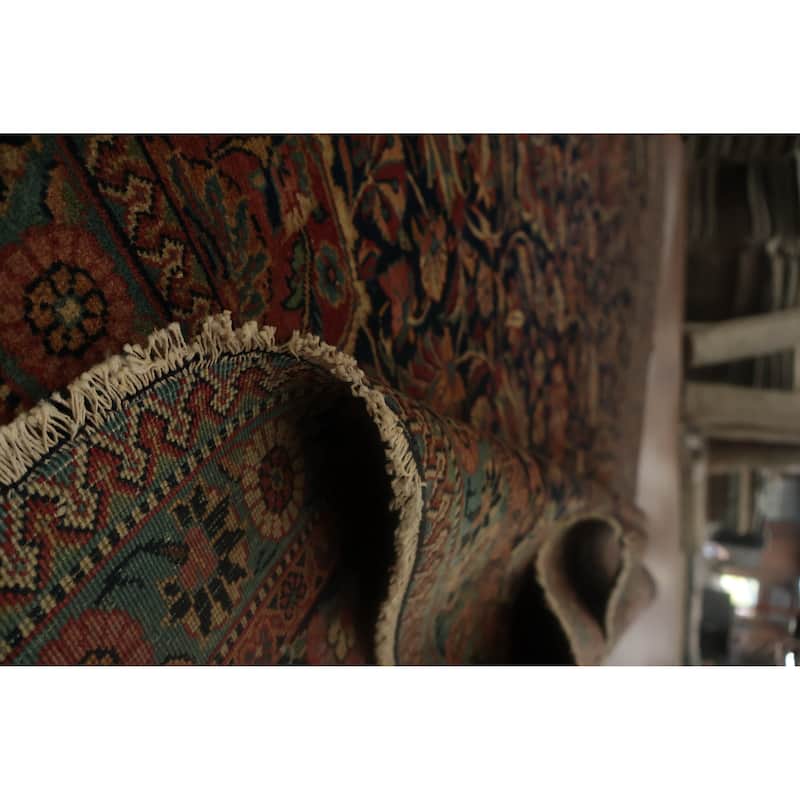 Hand Knotted Oriental 100% Wool Carpet Traditional Floral Navy Blue & Blues Kashan (Dabir) Area Rug - 11' 2'' X 8' 6''