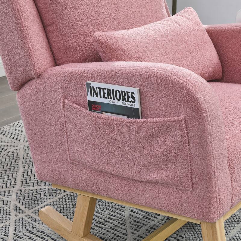 High Back Rocker Accent Chair with Wood Base, One Lumbar Pillow and Two Side Pockets