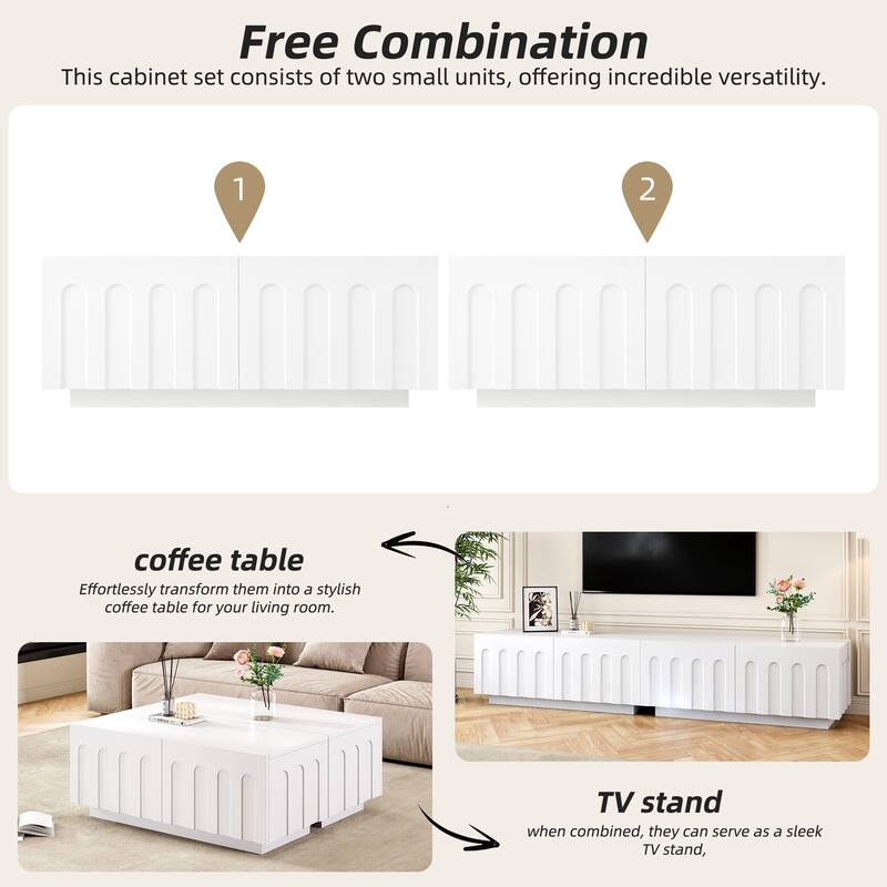 Elegant TV Stand and Coffee Table Set of 2 with Arched Design, for TVs Up to 80", White - 70.8" W × 15.7" D × 13.7" H