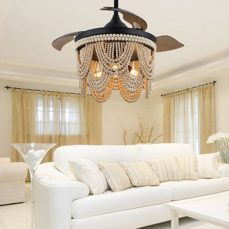 Cusp Barn 42" Retractable Ceiling Fan with Light,Farmhouse Bohemian Chic Fan Light,Wooden Bead Chandelier,Quiet DC Motor,6 Speed