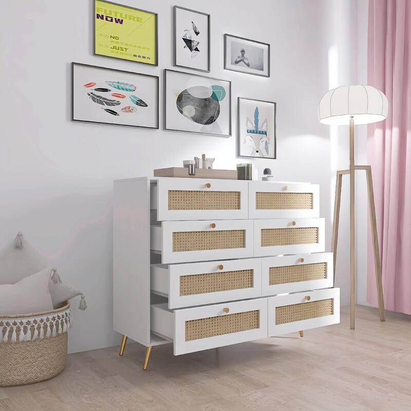 8-Drawer Chest of Drawers with Rattan Drawer Fronts, Golden Legs, and Handles