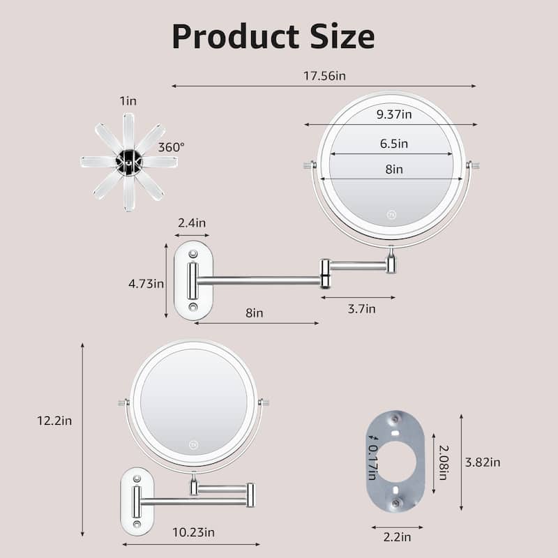 Yulika Rechargeable Lighted Wall Mounted Makeup Mirror with 3 Color Lights Double Sided 1X/10X or 1X/7X