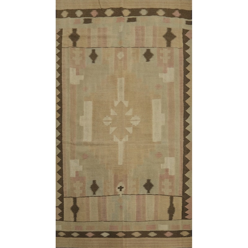 Hand Woven Oriental 100% Wool Carpet Southwestern Tribal Beige & Ivories Kilim Area Rug - 8' 2'' X 4' 8''