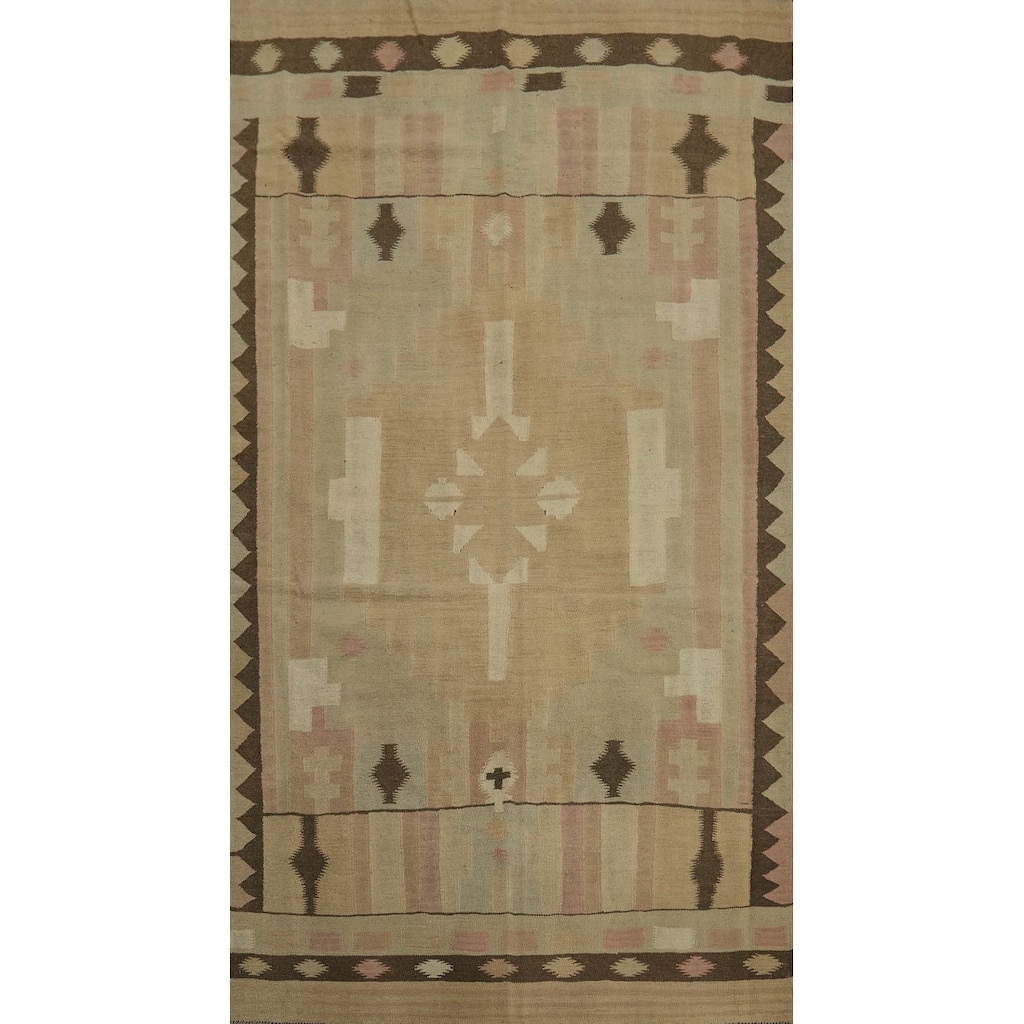 Hand Woven Oriental 100% Wool Carpet Southwestern Tribal Beige & Ivories Kilim Area Rug - 8' 2'' X 4' 8''