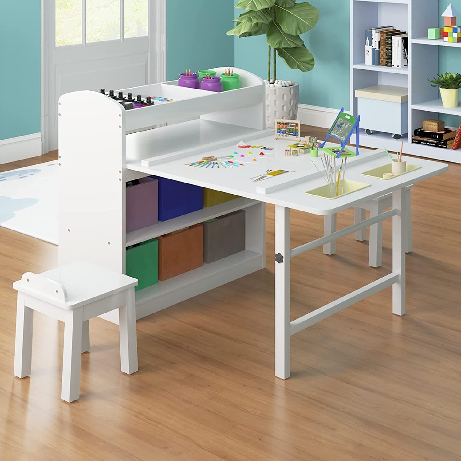 Kids Art Table and 2 Chairs Kid Craft Table with Supplies Storage Shelves Canvas Bins Paper Roll for Preschool Toddler On Sale Bed Bath Beyond 37249477