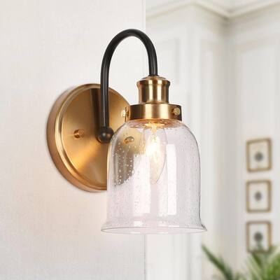 Kesa Modern Black Gold 1-Light Wall Sconces Bathroom Vanity Lights with Seeded Glass