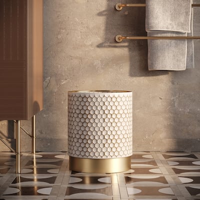Honeycomb Mid Century Modern Indoor Metal Waste Basket With Gold Base