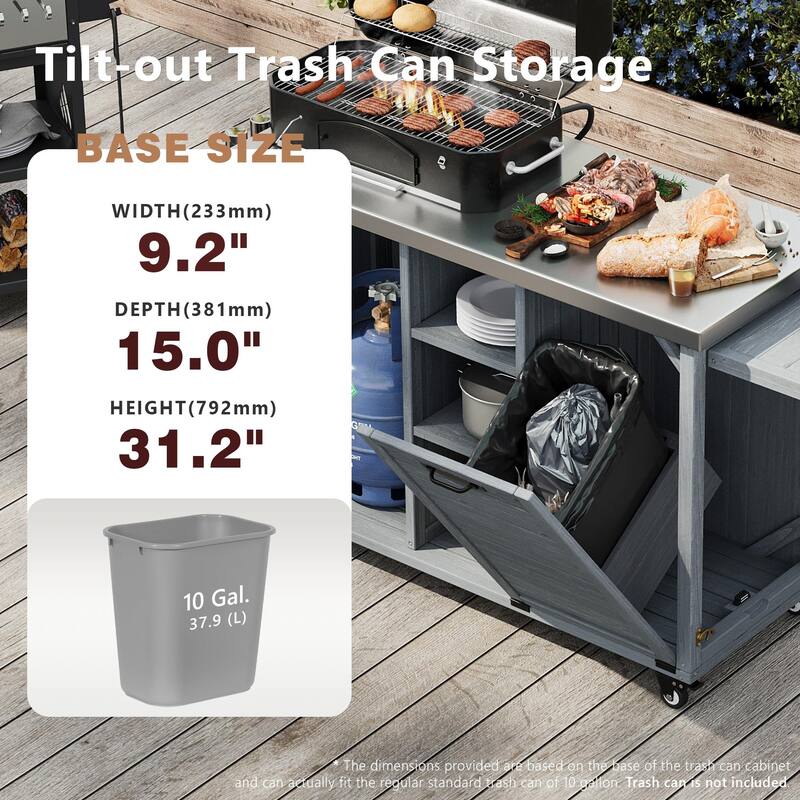 78.3" Outdoor Kitchen Island with Foldable Grill Table, Wooden Cart with Trash Storage & Stainless Steel Top for Lawn & Garden