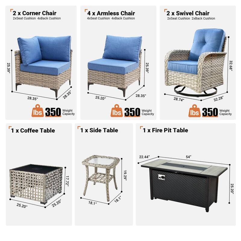 OVIOS 11 Pieces Outdoor Wicker Swivel Chair Set With Fire Table