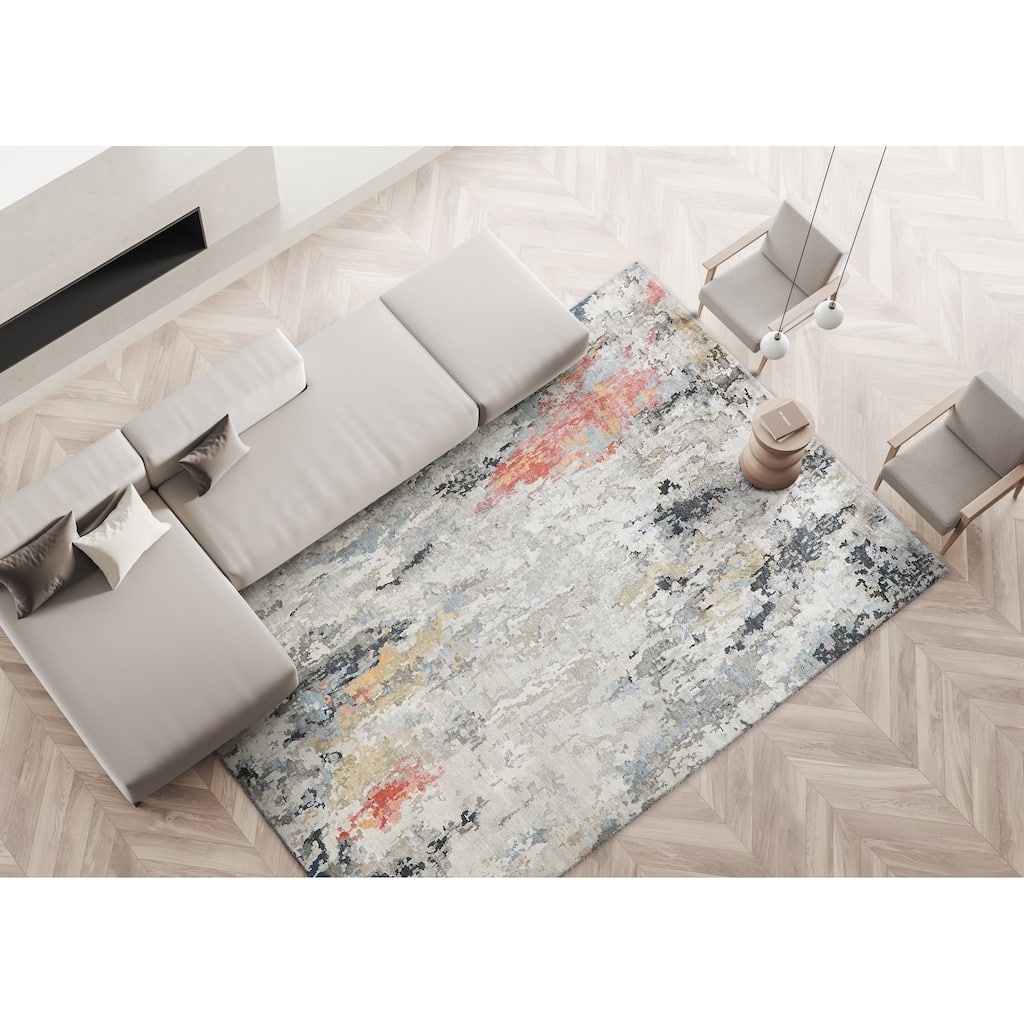 EXQUISITE RUGS Floor Art Hand-knotted Bamboo Silk Silver/Grey/Coffee Area Rug.