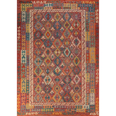 Geometric Kilim Area Rug Hand-Woven Orange Wool Carpet - 8'7"x 11'5"