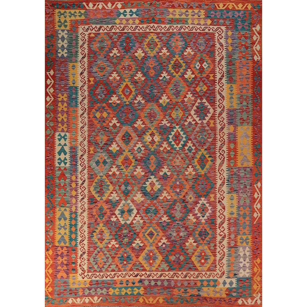 Geometric Kilim Area Rug Hand-Woven Orange Wool Carpet - 8'7"x 11'5"