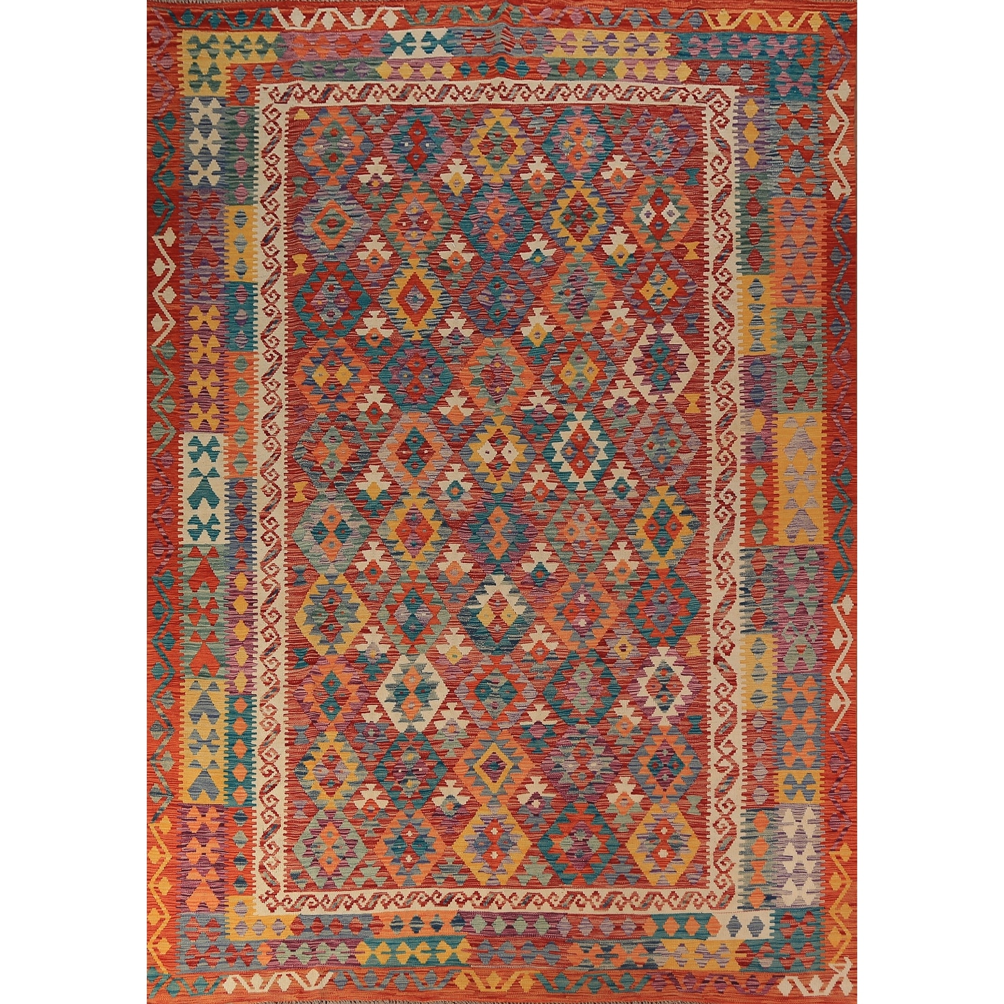 Geometric Kilim Area Rug Hand-Woven Orange Wool Carpet - 8'7"x 11'5"
