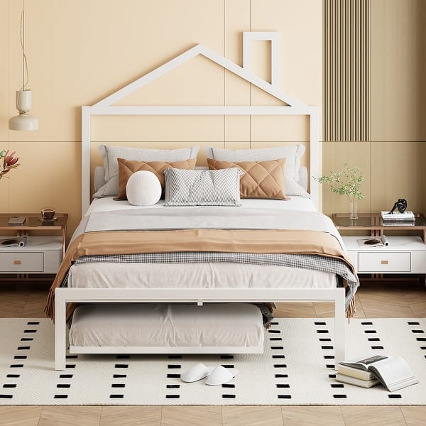 slide 2 of 54, Metal Platform Bed,House-Shaped Headboard Design,twin size trundle
