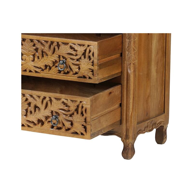 HomeRoots 35" Brown Carved Floral Solid Wood Six Drawer Dresser