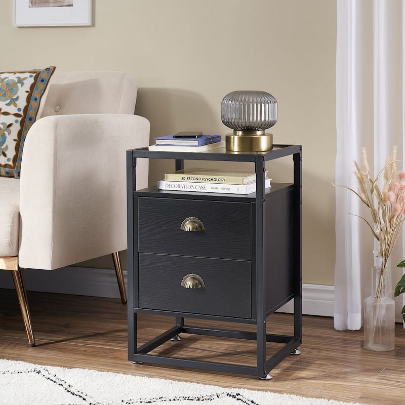 Javlergo Tempered Glass Top Nightstand with 2-Drawer and Open Shelf