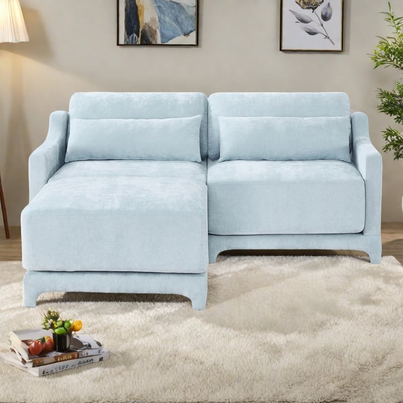 73.2" Chenille 2-Seater Sofa with Ottoman, 2 Lumbar Pillows, High-Resilience Sponge and Solid Wood Frame - Sky Blue