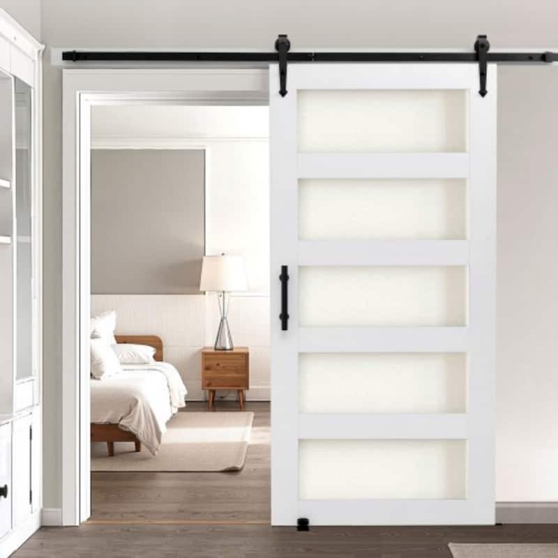 White MDF Sliding Barn Door with Frosted Glass for Bathroom and Kitchen - 42x84