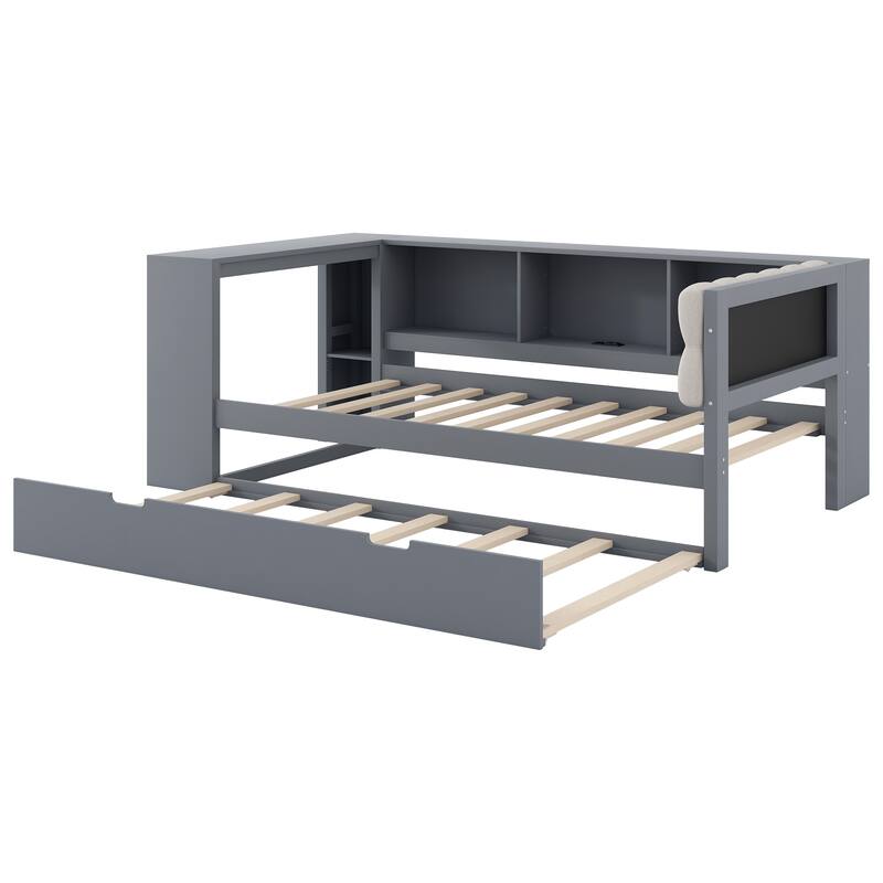 Upholstered Sofa Bed, Wood Daybed, L-shaped Bed Frame with Desk, Shelves, Charging Station, and Optional with Trundle or Drawers
