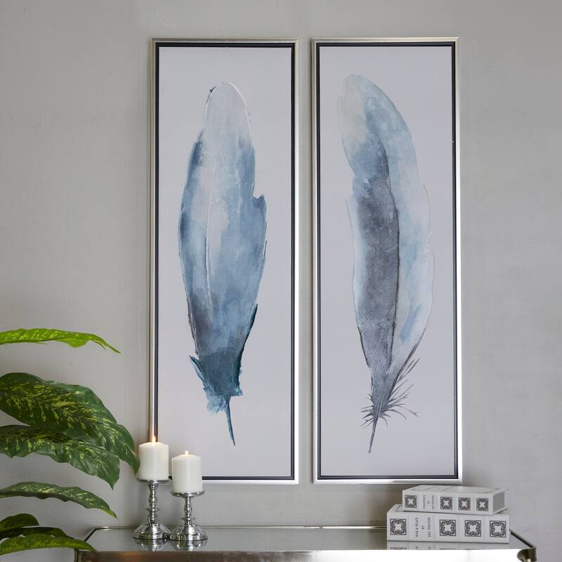 Blue Canvas Feathers Bird Framed Wall Art with Silver Frame (Set of 2)