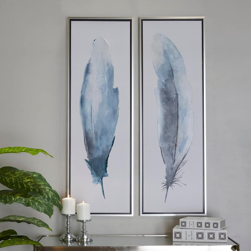 Blue Canvas Feathers Bird Framed Wall Art with Silver Frame (Set of 2)