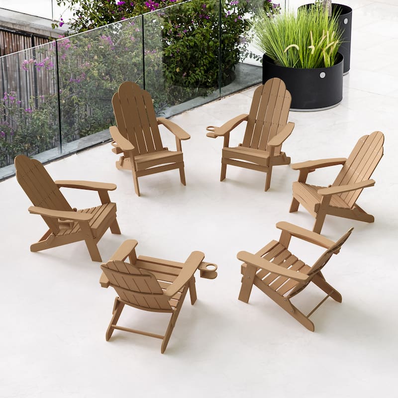Foldable HDPS Weather Resistant Patio Adirondack Chairs With Cup Holder Set of 6 - 35"D x 30"W x 36.2"H - Brown