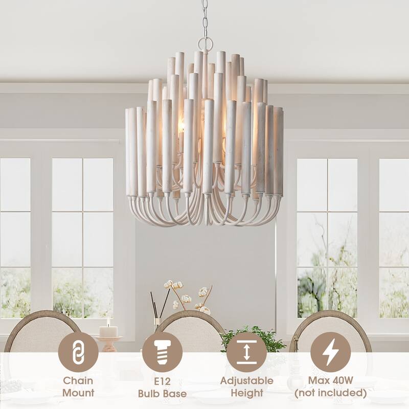 20" 5-Light Coastal 3-Tier Off-White Wood Chandelier - 19.7" D x 19.7" W x 23.7" H