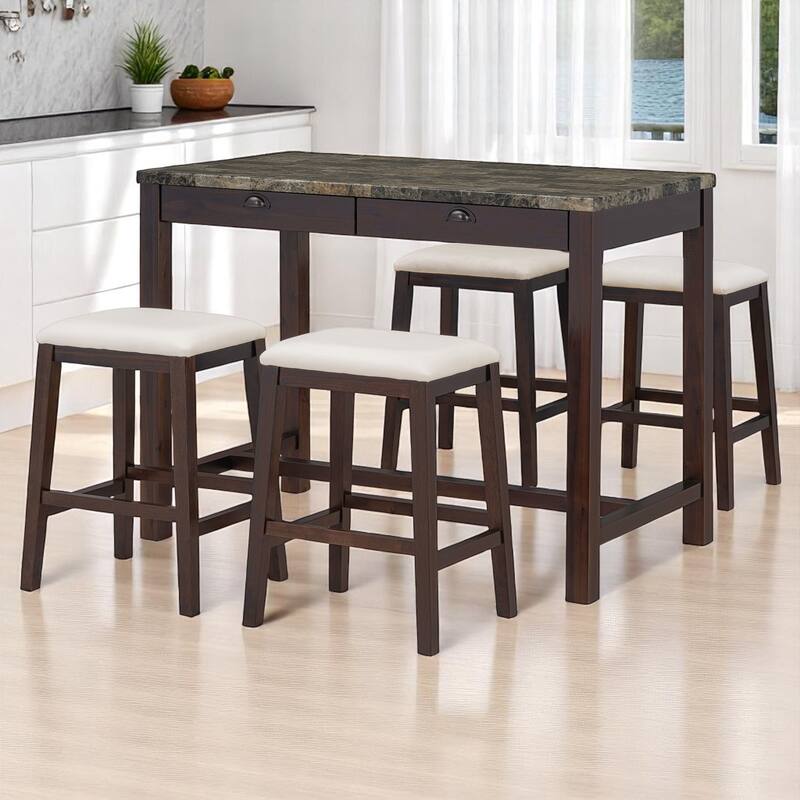 5-Piece Dining Set for 4, Counter Height Modern Kitchen Table with Storage Drawers & 4 Upholstered Chairs for Dining Room - Walnut