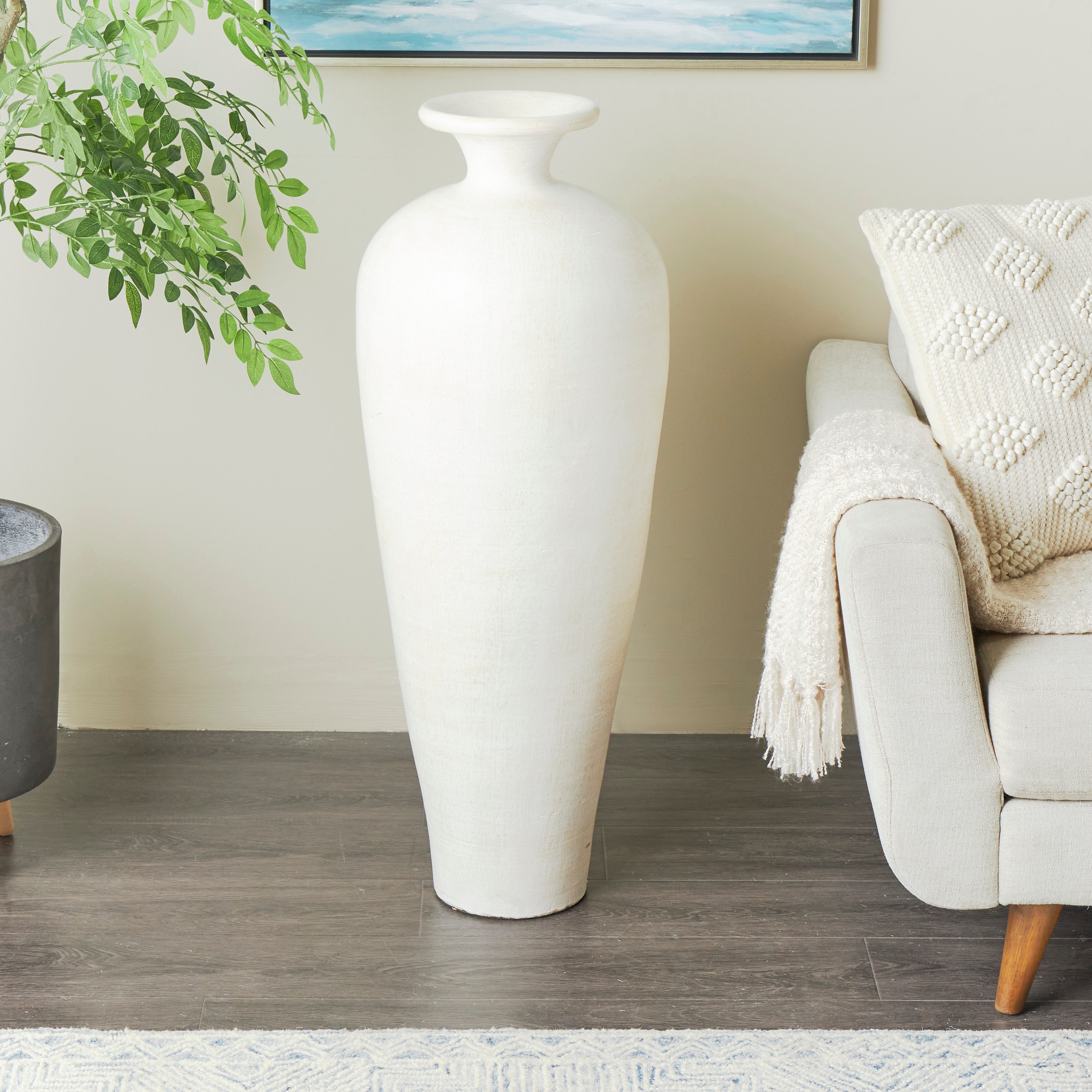 White Ceramic Tall Amphora Floor Decorative Vase