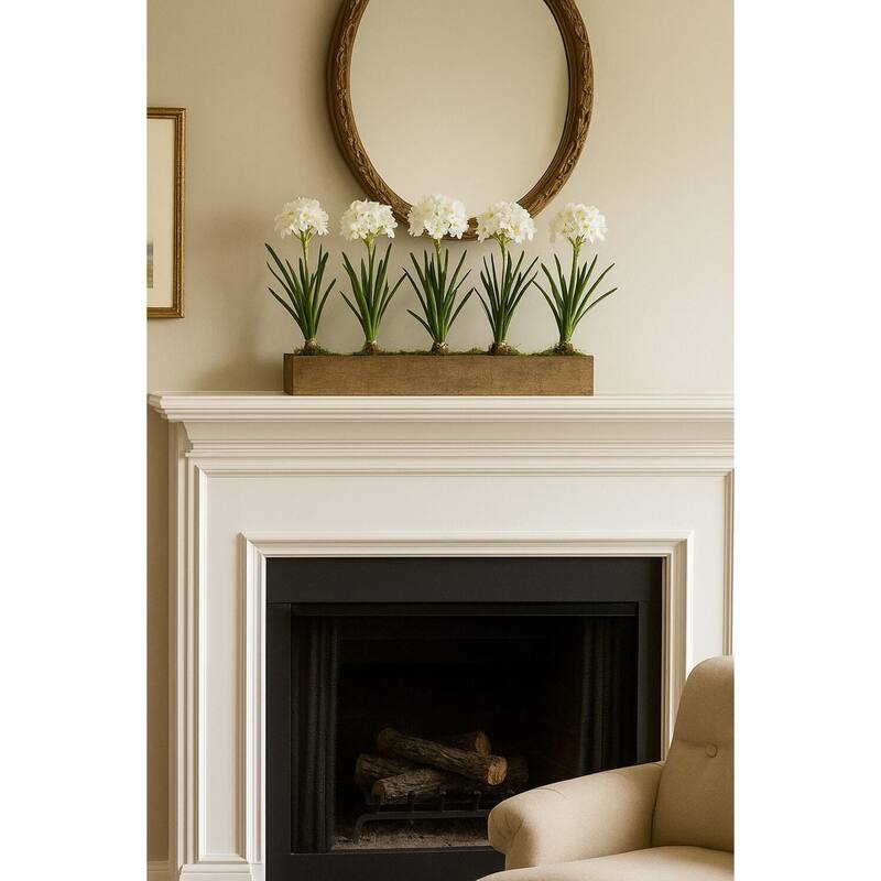 HomeStock Paper Whites in Rectangle Wooden Planter - Elegant Faux Flowers for Entryways or Tabletops - 16