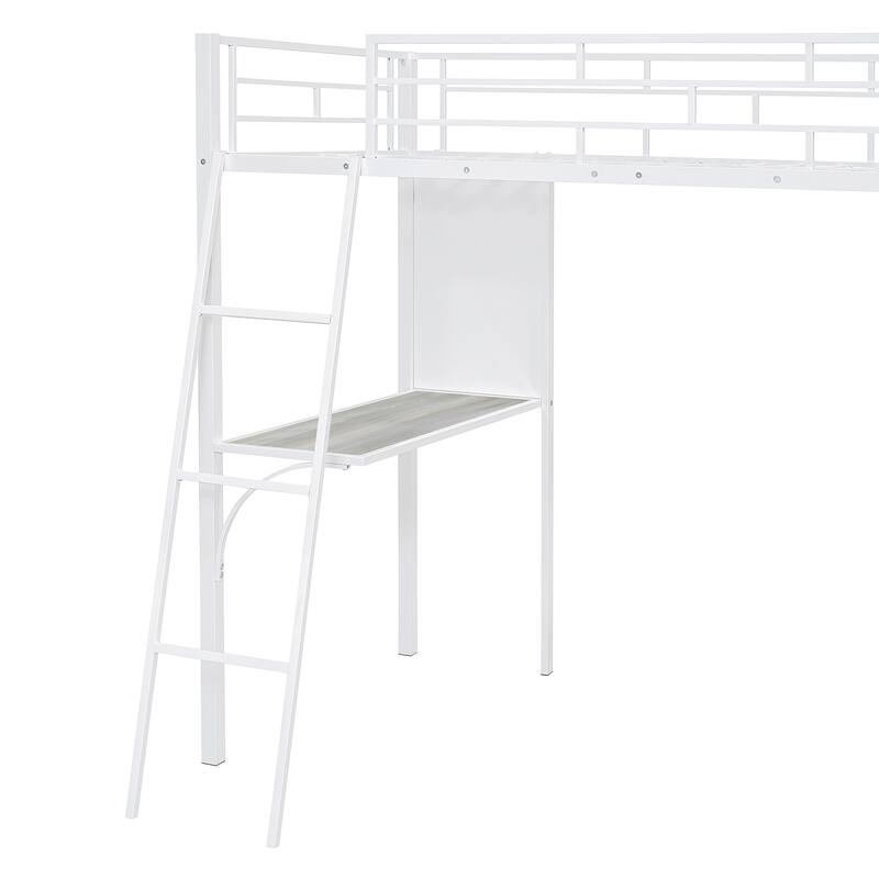 Twin Size Loft Metal Bed with 3 Layers of Shelves and Desk