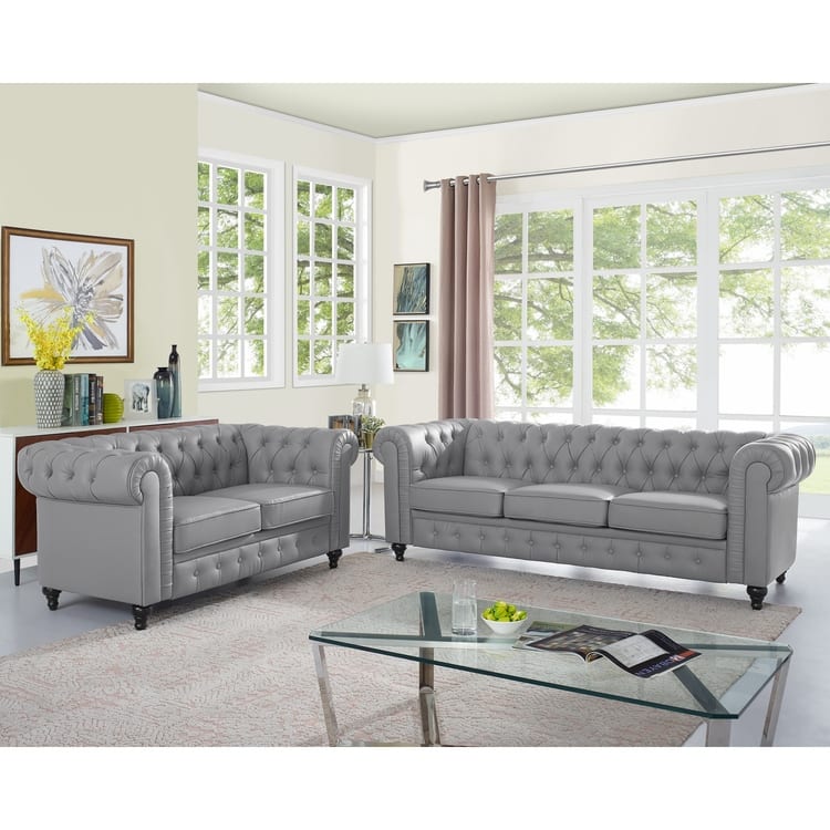 Everett Chesterfield Love Seat & Sofa - Rolled Arms, Tufted Cushions, 2- and 3-Seater Sectional Couch for Small Spaces