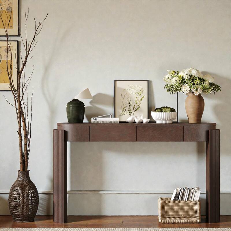 Oval Entryway Console Table with Natural Wood Grain, Fluted Leg Design and 2 Storage Drawers for Living Room or Hallway