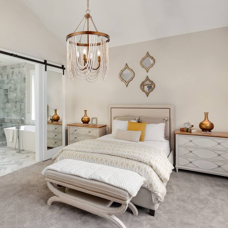 Renia Empire Farmhouse Wood Beaded Coastal Chandelier 4-light Empire Hanging Lights for Living Room Bedroom