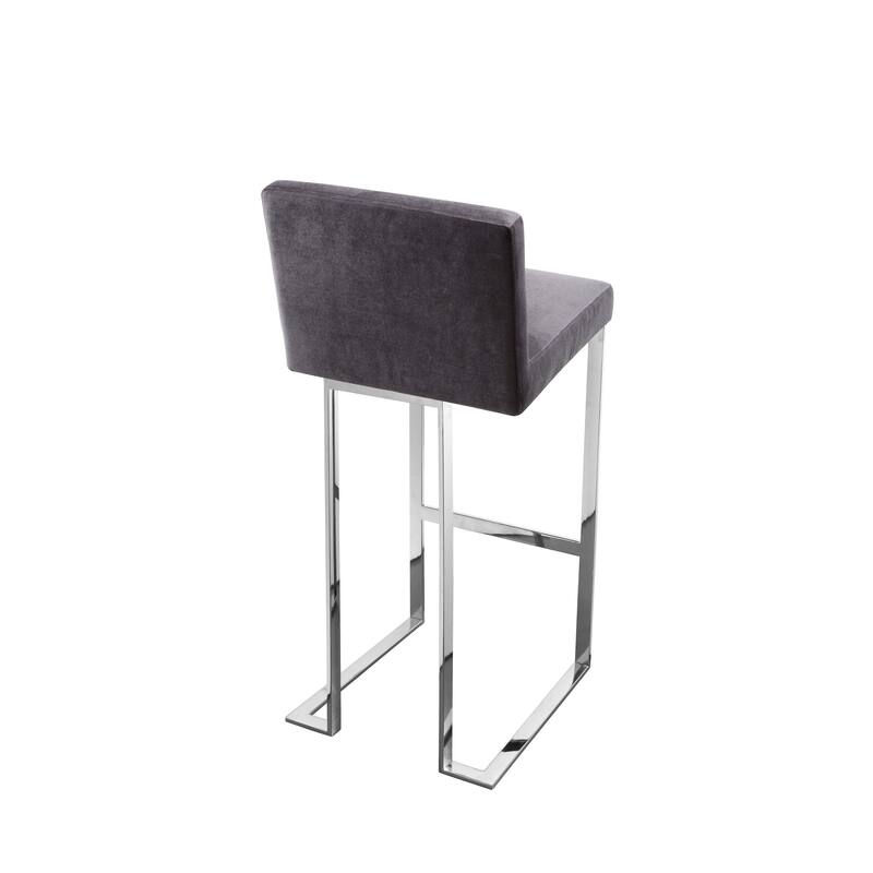 Boly 30 Inch Barstool Chair, Gray Velvet, Foam Cushions, Chrome Steel