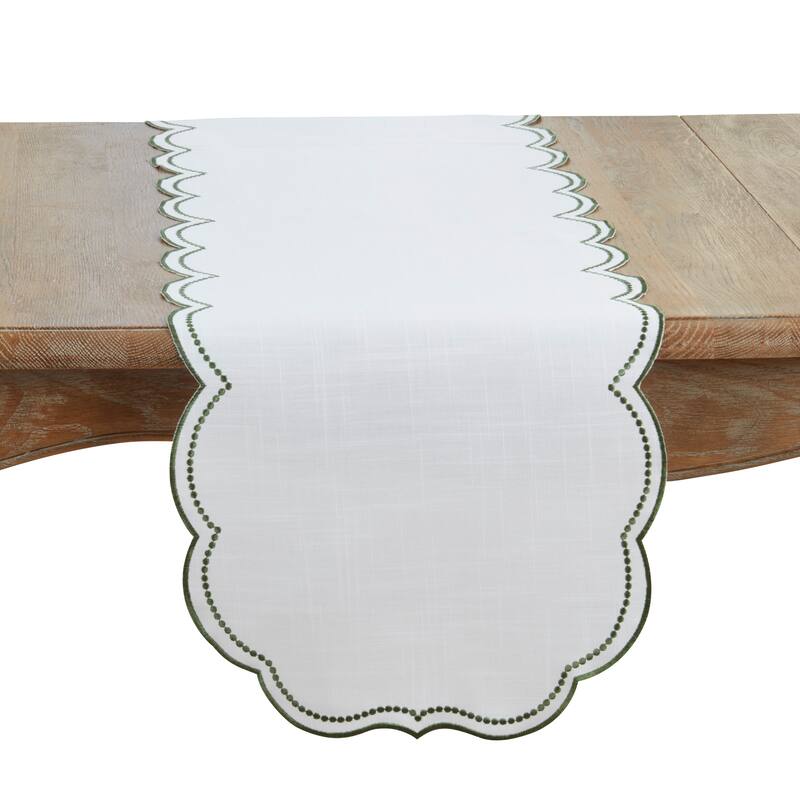 Embroidered Polka Dot Table Runner With Scallop Edge - 16"x70" - Green