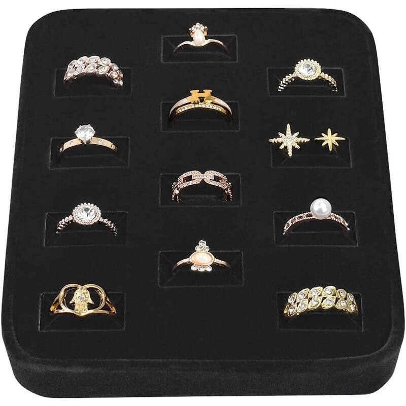 12 Slots Ring Tray Display, Jewelry Organizer - S - Black
