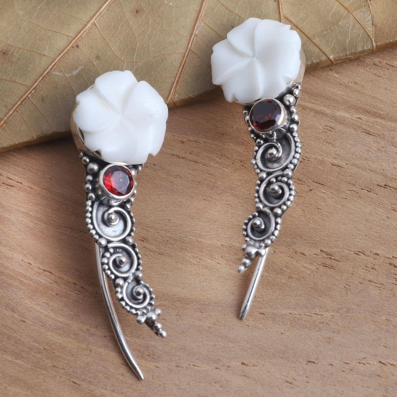 NOVICA White Jepun, Garnet ear climber earrings - 0.4*0.3