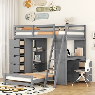 Twin Over Twin Bunk Bed with LED Light & USB Ports, Drawers & Shelves