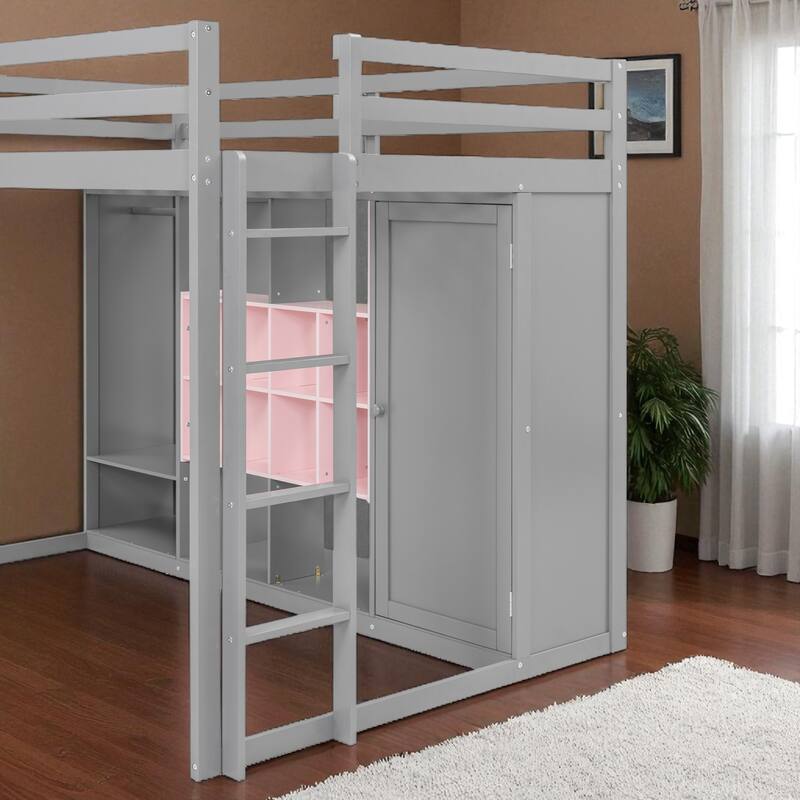 Space-Saving Twin/Full Loft Bed, Solid Wood Frame with Open Wardrobe, Colorful Shelves, Cabinet Storage & Reversible Ladder