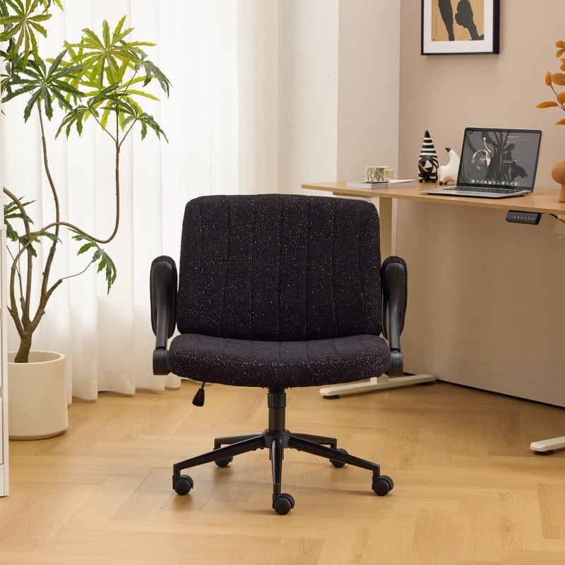 Speckled Chenille Swivel Chair With Flip-Up Arms For Cross-Legged