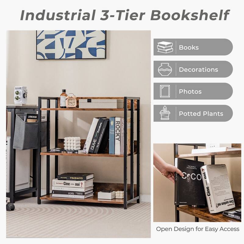 Costway 3-Tier Industrial Metal Frame Corner Bookcase with Adjustable - See Details