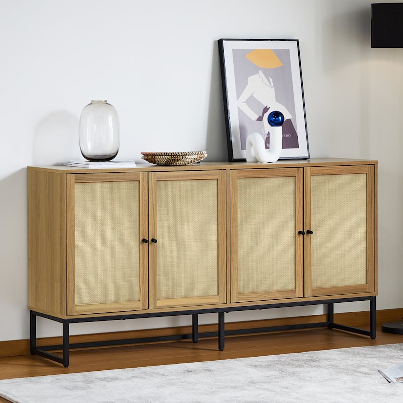 Wood Rattan 4-Door Buffet Sideboard With Storage
