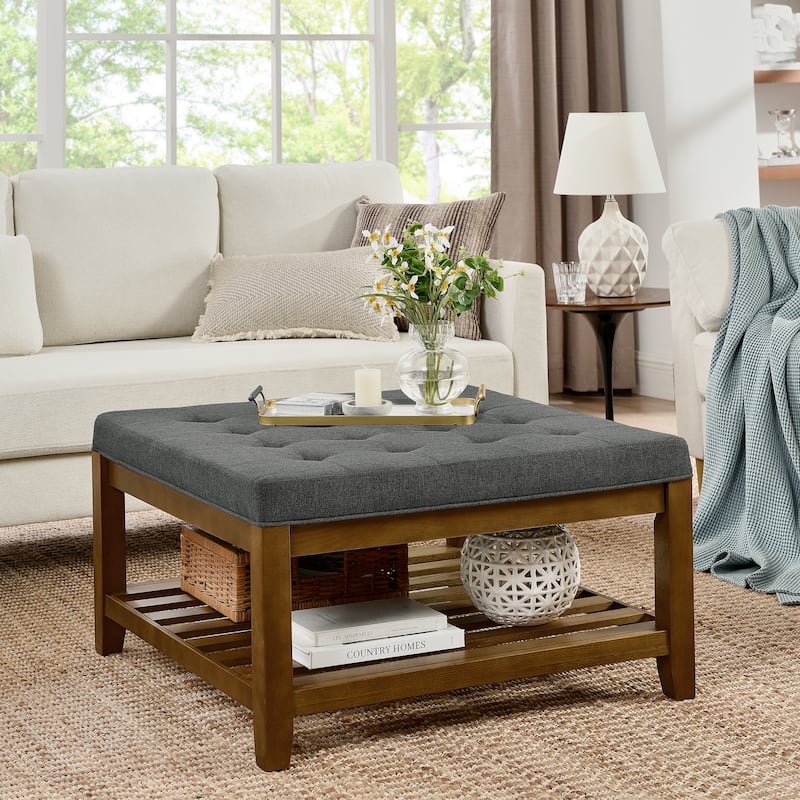Upholstered Coffee Table Tufted Linen Large Square Ottoman with Beech Wood Shelf and Frame,Oversized Footrest Ottoman - Dark Gray