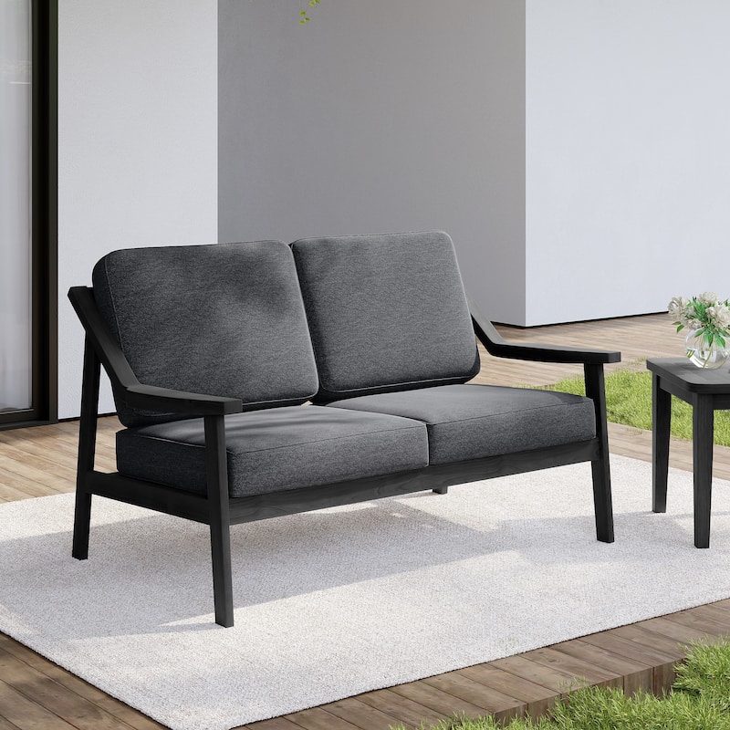 Outdoor Wood Teak Patio 2 Seater Loveseat with Cushion - Dark Wood - Dark Grey