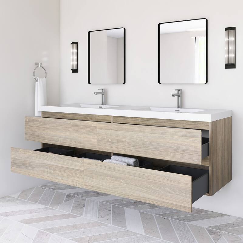 Modern Wall-Mounted Bathroom Vanity with White Solid Surface Top