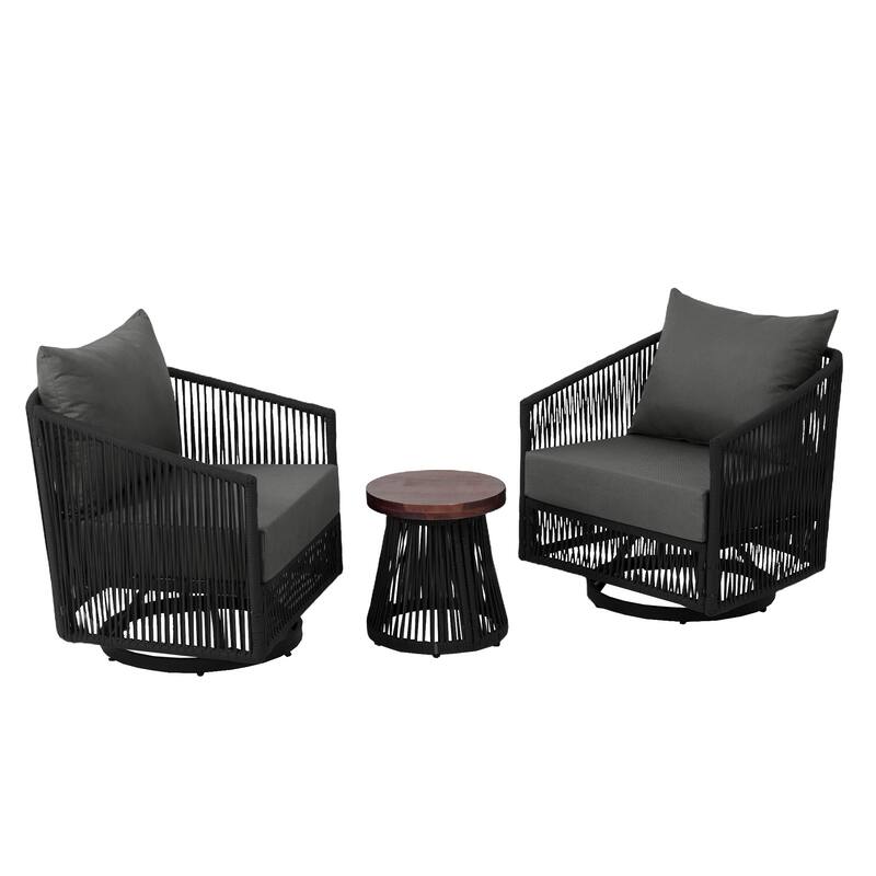 3-Piece Outdoor Rattan Swivel Lounge Chair Set Barrel Chairs for Backyard