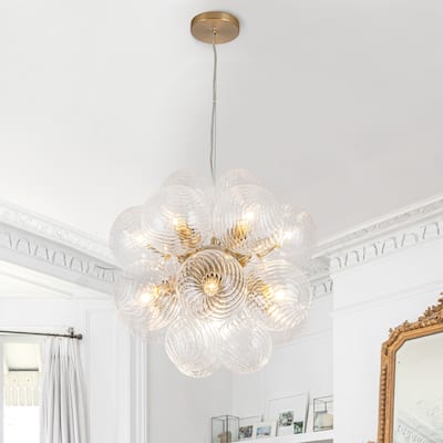 Modern 12-Lights Clear Swirled Ribbed Glass Globe Bubble Chandelier