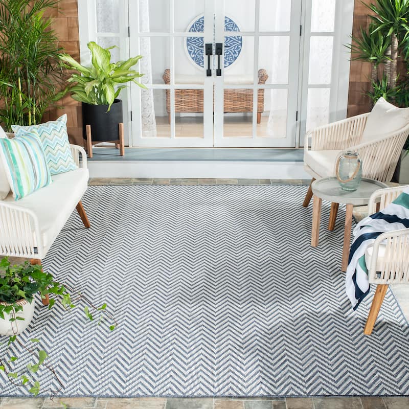 SAFAVIEH Bermuda Washable Tzipi Indoor/ Outdoor Waterproof Rug - 8' Square - Blue/Creme